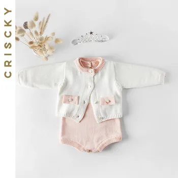 Комплект одежды для маленьких девочек, новинка 2023 года, осенне-зимнее пальто с длинными рукавами, Комбинезон, вязаные костюмы для девочек, Комплекты одежды для новорожденных