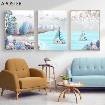 Картина на холсте в скандинавском стиле, плакат с красивым озерным пейзажем, лодка, Чайка, настенное изображение и принт для декора гостиной