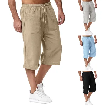 Новые Мужские Хлопчатобумажные брюки, Весенне-летние брюки, однотонные спортивные брюки, Штаны для бега, Свободные Повседневные брюки-капри Для пляжного отдыха