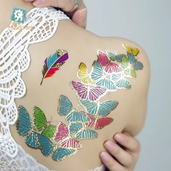 Водонепроницаемая временная татуировка, наклейка, большие металлические золотые татуировки с бабочками, наклейки, флэш-тату, поддельные татуировки