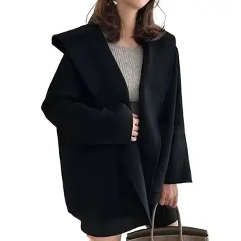 Женское пальто с капюшоном и длинным рукавом, с открытой строчкой, Осень-Зима, однотонный плащ, стиль Кардиган, пальто, повседневная одежда