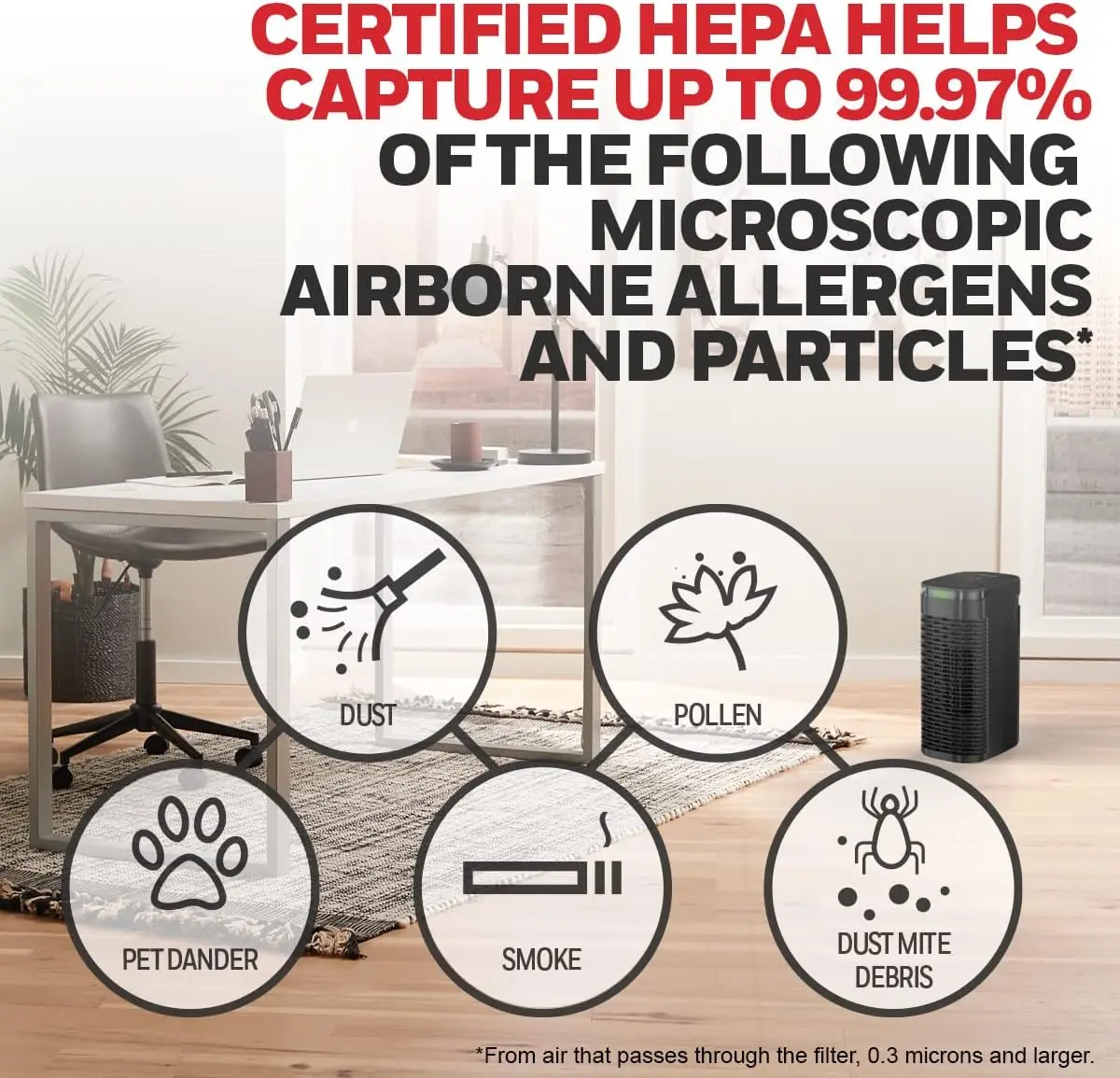 Воздухоочиститель HEPA с индикатором качества воздуха и автоматическим режимом, Снижающий уровень аллергенов для помещений средней площади (100 кв. футов), Черный - Wildfire/Smok 3