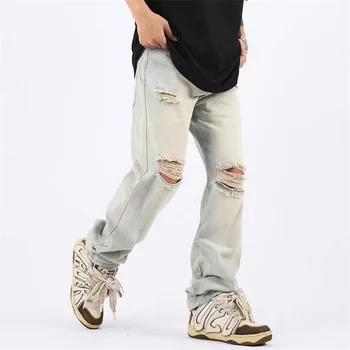 Американские Винтажные Прямые мужские джинсы с дырками, Бежевые, со средней талией, Застиранные, Уличные, Мешковатые, Уличная одежда, Джинсовые брюки