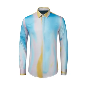 новое поступление, Осенняя мужская рубашка из 100% хлопка с постепенным синим буквенным цифровым принтом в национальном стиле, Тонкая Мужская одежда особого стиля, M-4XL