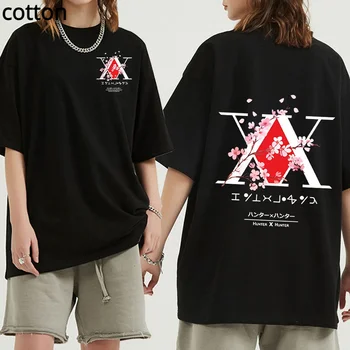 Футболка с логотипом аниме Hunter X Hunter, футболка Killua Gon Cherry Blossom, топы, футболка с графическим принтом, негабаритная унисекс