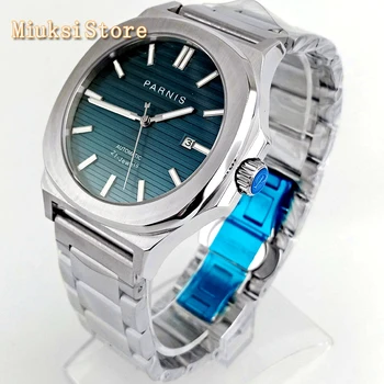 Мужские деловые часы Parnis 43 мм, серебристый корпус, сапфировое стекло, темно-синий циферблат, дата, механизм Miyota, автоматические мужские часы