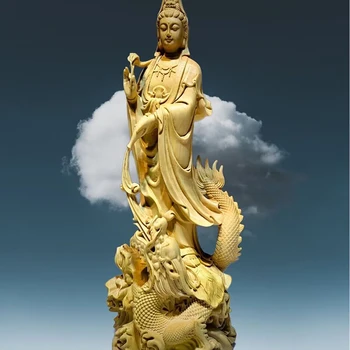 Резьба по дереву Длинные украшения Будды Гуаньинь, Традиционная статуя Будды ручной работы, Статуя Фэн-шуй для домашней гостиной