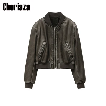 Новинка 2023, кожаная куртка, женская винтажная куртка-бомбер из искусственной кожи, пальто, топ, женская куртка y2k abrigo mujer chaqueta cuero
