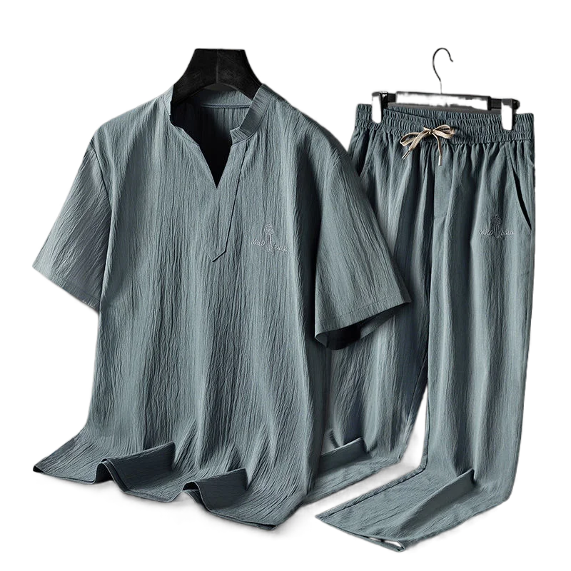 Летняя мужская хлопчатобумажная льняная футболка с вышивкой в китайском стиле, футболка с короткими рукавами, длинные брюки большого размера, свободный, дышащий, ... 0