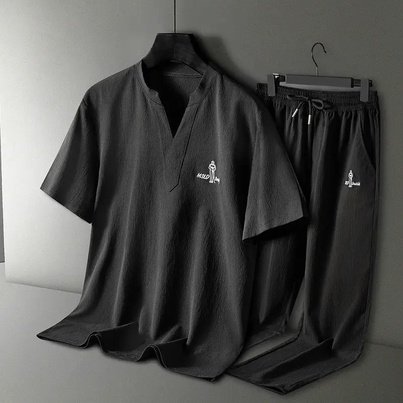 Летняя мужская хлопчатобумажная льняная футболка с вышивкой в китайском стиле, футболка с короткими рукавами, длинные брюки большого размера, свободный, дышащий, ... 2