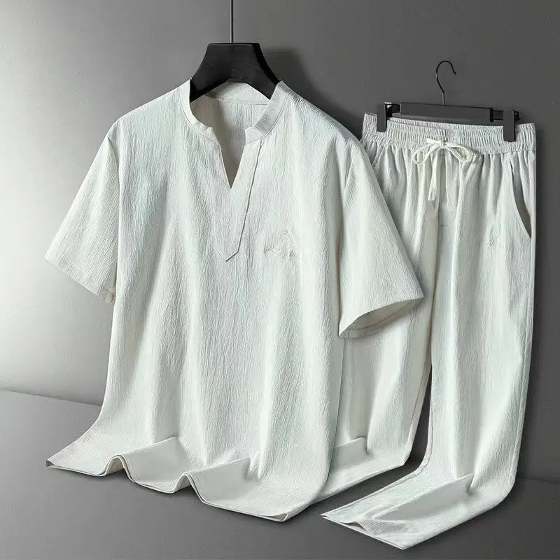 Летняя мужская хлопчатобумажная льняная футболка с вышивкой в китайском стиле, футболка с короткими рукавами, длинные брюки большого размера, свободный, дышащий, ... 3