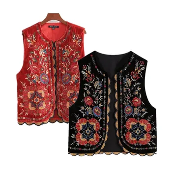 Жилет Traf, женская винтажная куртка с цветочной вышивкой, Женский Национальный стиль, лоскутное шитье, Повседневный бархатный жилет, топы, жилеты
