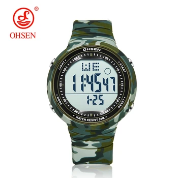 OHSEN Цифровые Спортивные мужские наручные часы с ЖК дисплеем Relogio Masculino, 50 м, Силиконовая лента для Дайвинга, Модные камуфляжные Зеленые Армейские спортивные мужские часы