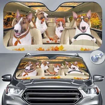 Забавная семья миниатюрных бультерьеров за рулем осеннего автомобиля, солнцезащитный козырек на лобовое стекло, подарок для любителя собак, Прочное лобовое стекло автомобиля Au