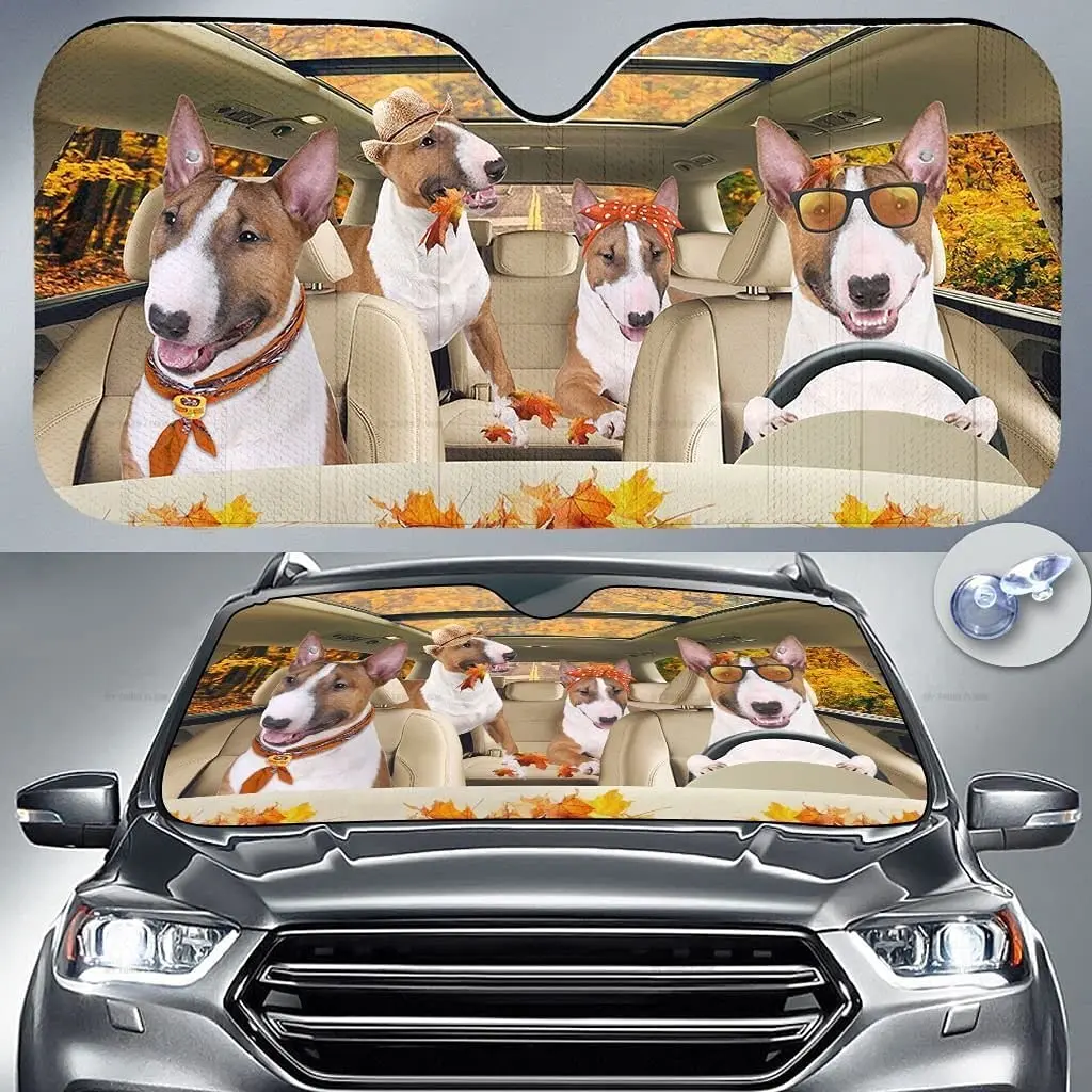 Забавная семья миниатюрных бультерьеров за рулем осеннего автомобиля, солнцезащитный козырек на лобовое стекло, подарок для любителя собак, Прочное лобовое стекло автомобиля Au 0