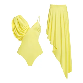 Женский ретро-купальник цельный желтый 2023, однотонная праздничная пляжная одежда, дизайнерский купальный костюм, накидка
