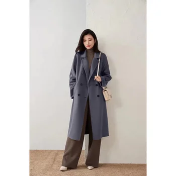 Толстое Двустороннее кашемировое пальто, Женское Длинное Свободное шерстяное пальто из чистого кашемира