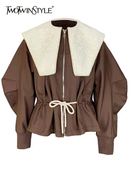 TWOTWINSTYLE Плотное пальто с цветными блоками в стиле пэчворк Для женщин, Матросский воротник, рукав-фонарь, Свободные Винтажные пальто, Женская Осенняя одежда