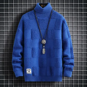 Утолщенный теплый свитер с высоким воротом/Высококачественный мужской зимний корейский приталенный Повседневный модный Брендовый вязаный пуловер в свободную клетку