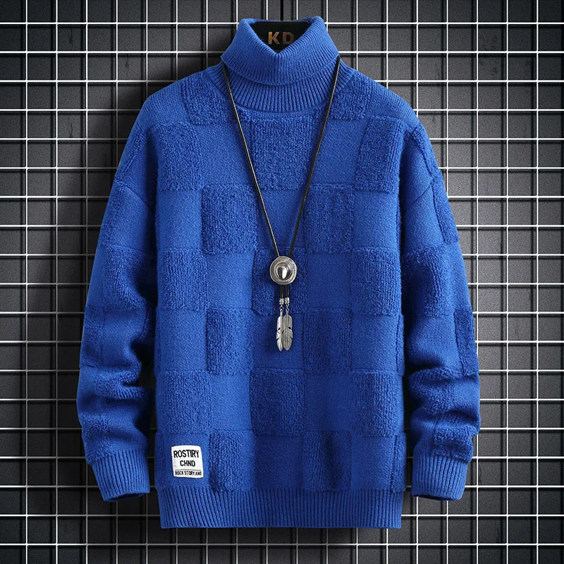 Утолщенный теплый свитер с высоким воротом/Высококачественный мужской зимний корейский приталенный Повседневный модный Брендовый вязаный пуловер в свободную клетку 0