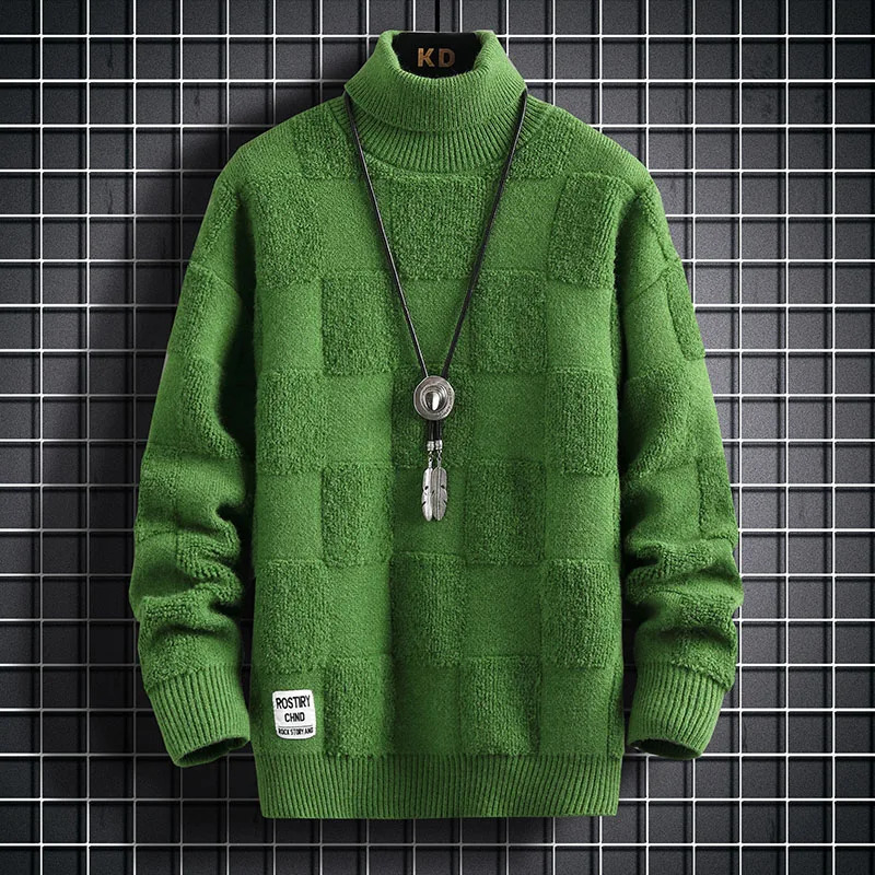 Утолщенный теплый свитер с высоким воротом/Высококачественный мужской зимний корейский приталенный Повседневный модный Брендовый вязаный пуловер в свободную клетку 1