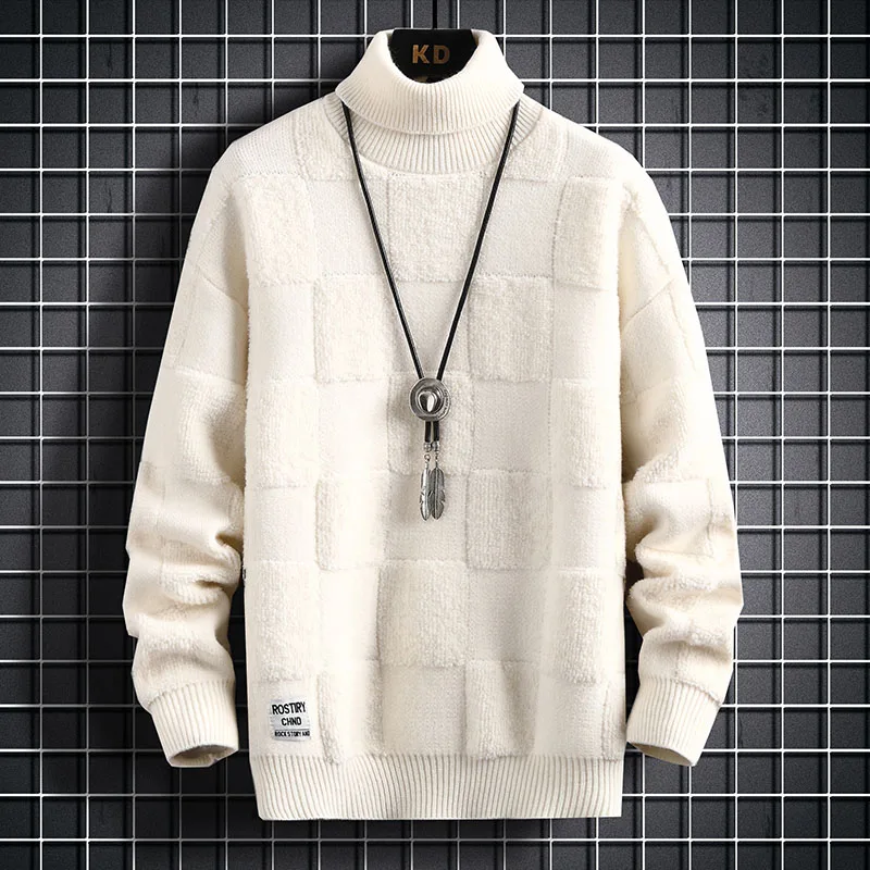 Утолщенный теплый свитер с высоким воротом/Высококачественный мужской зимний корейский приталенный Повседневный модный Брендовый вязаный пуловер в свободную клетку 2