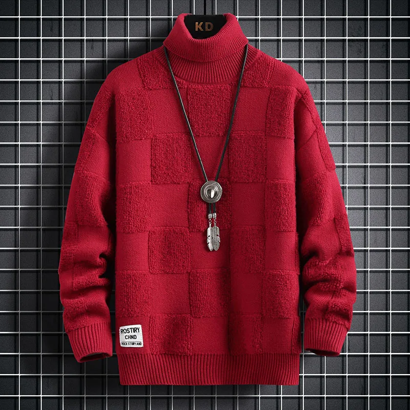 Утолщенный теплый свитер с высоким воротом/Высококачественный мужской зимний корейский приталенный Повседневный модный Брендовый вязаный пуловер в свободную клетку 4