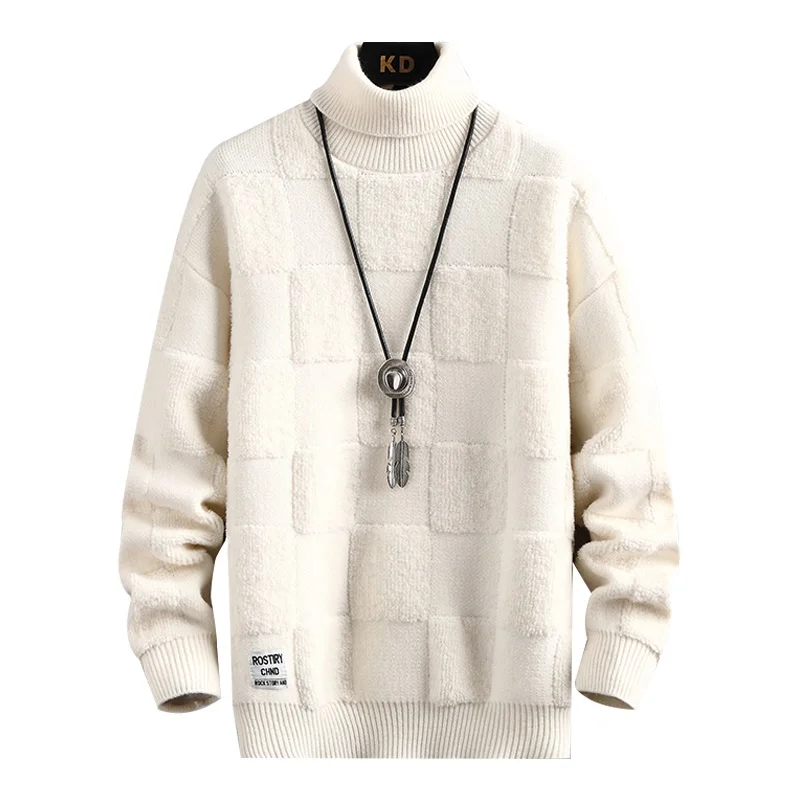 Утолщенный теплый свитер с высоким воротом/Высококачественный мужской зимний корейский приталенный Повседневный модный Брендовый вязаный пуловер в свободную клетку 5