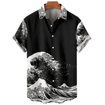 Ретро Океанская волна, 3D печать, Мужские Гавайские рубашки, Повседневные Модные Летние мужские Рубашки, Большие Размеры, Короткие рукава, Свободные топы с лацканами