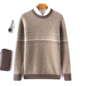 Модный Брендовый зимний толстый свитер, мужской жаккард с круглым вырезом и длинными рукавами, деловой Повседневный мужской пуловер, 100% шерсть