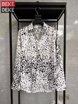 Модная Мужская Белая Весенне-летняя рубашка с леопардовым принтом, удобные пляжные рубашки из Ледяного Шелка с длинным рукавом, брендовые дизайнерские топы