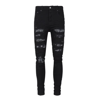 Высокие Уличные модные мужские Джинсы, Черные Стрейчевые облегающие Рваные джинсы, Мужские Дизайнерские брюки в стиле хип-хоп с заплатками Пейсли, Мужские брюки Hombre