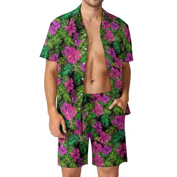 Мужские комплекты для отдыха с растительным принтом, повседневная рубашка с тропическими цветами, Летние шорты с графическим рисунком, уличный костюм из 2 предметов, большие размеры