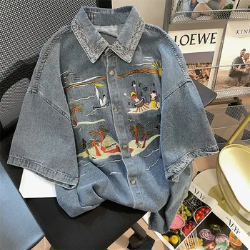 Женская винтажная джинсовая рубашка Sandro Rivers с коротким рукавом в стиле сафари, блузка с вышивкой, Уличная одежда свободного кроя, лето