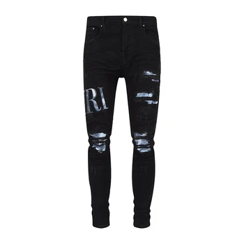 Высокие Уличные Модные Мужские Джинсы на пуговицах, Черные Эластичные Обтягивающие Рваные джинсы, Фирменные нашивки, Дизайнерские брюки в стиле хип-хоп