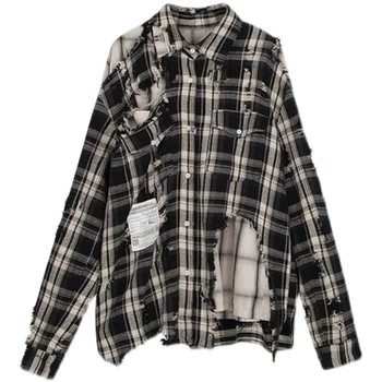 21SS, черно-белая клетка в японском стиле, поврежденная и поношенная, Двухслойная мужская и женская хлопчатобумажная рубашка, пальто
