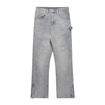 Новое поступление платье с разрезом джинсы для мужчин модули Хай-стрит хип-хоп нишу промывают повседневная прямой девять точек длинные джинсовые брюки синий