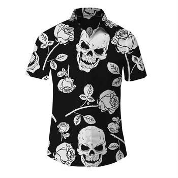 Новая летняя гавайская рубашка с черепом Для мужчин, пляжная рубашка с 3D принтом, короткий рукав, пуговицы, Повседневные мужские рубашки с черепом Большого размера Camisa