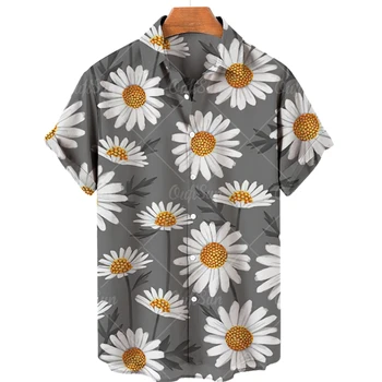 2023 Новые Гавайские Рубашки Мужские 3d Мужские Летние Рубашки с короткими рукавами и Принтом Хризантемы Мужские Рубашки Модные Повседневные Топы Мужские 5xl с V-образным вырезом