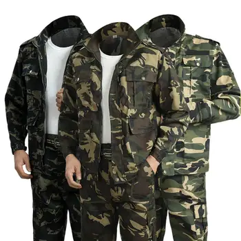 Мужская куртка и Брюки с камуфляжным принтом, множество карманов, Комплект из двух предметов, Грязеотталкивающая Рабочая одежда, костюм для тренировок