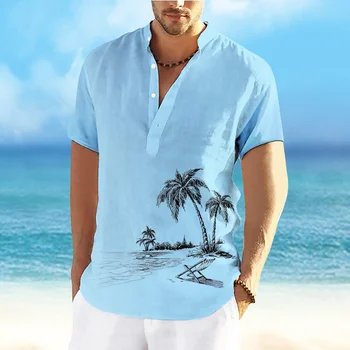 Мужская рубашка Хенли, Летние повседневные рубашки с коротким рукавом, Футболка на четырех пуговицах, Простая Свободная Мужская Одежда Большого размера С принтом Кокосовой пальмы, Топы
