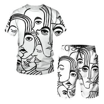 Летняя мужская футболка с 3D-принтом и абстрактным граффити, шорты, костюм для пары, одежда с круглым вырезом и коротким рукавом, уличный комплект