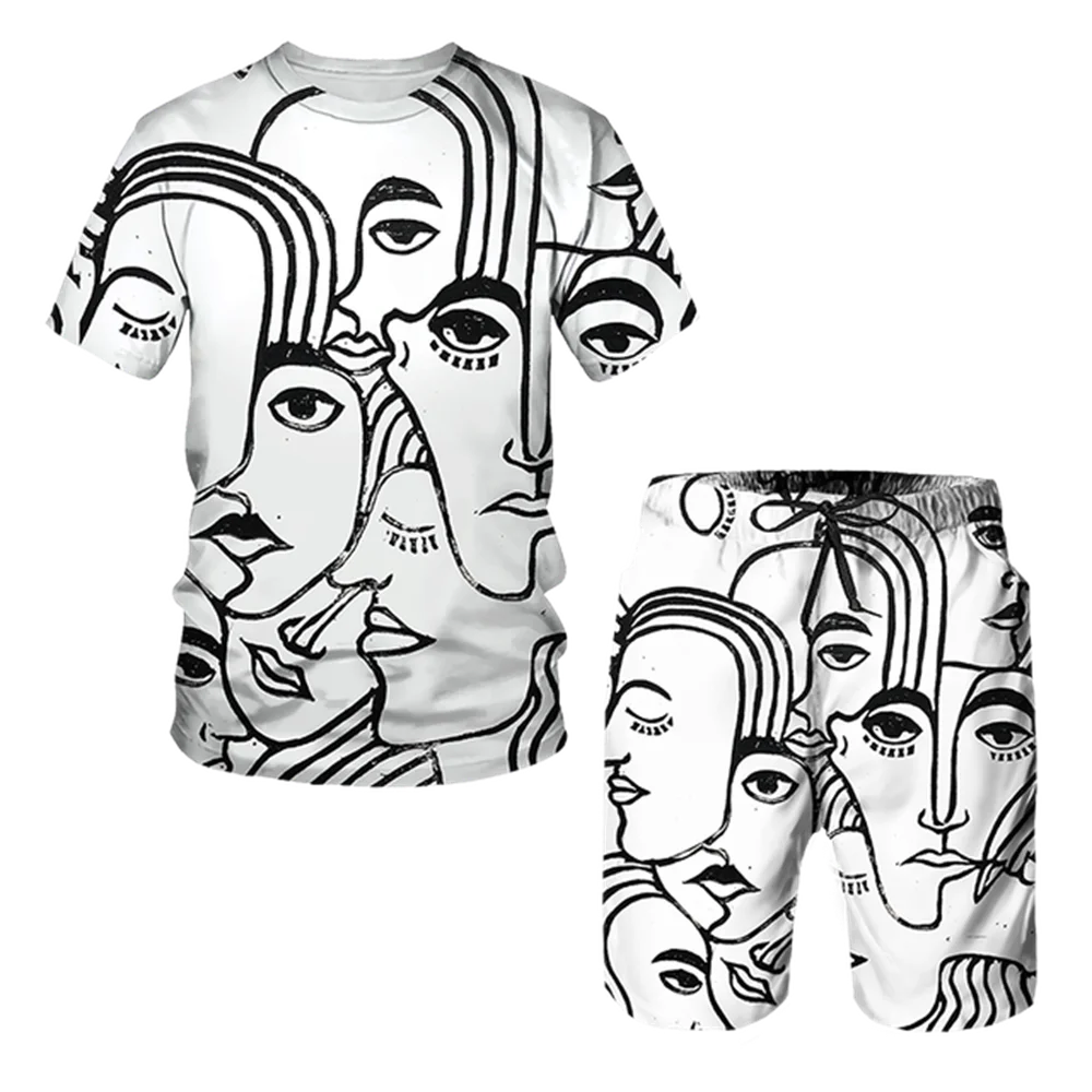 Летняя мужская футболка с 3D-принтом и абстрактным граффити, шорты, костюм для пары, одежда с круглым вырезом и коротким рукавом, уличный комплект 0
