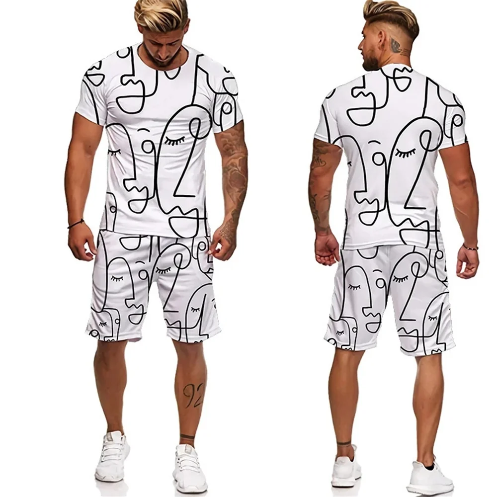 Летняя мужская футболка с 3D-принтом и абстрактным граффити, шорты, костюм для пары, одежда с круглым вырезом и коротким рукавом, уличный комплект 1
