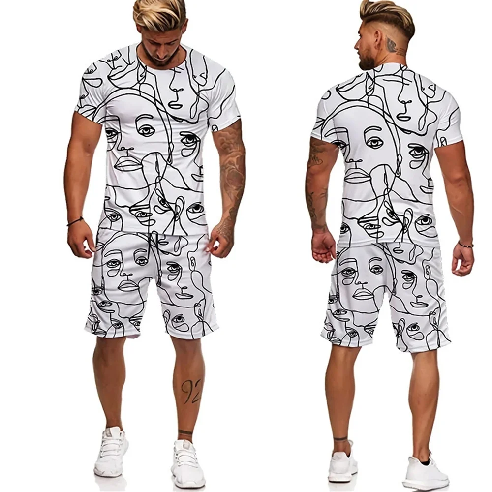 Летняя мужская футболка с 3D-принтом и абстрактным граффити, шорты, костюм для пары, одежда с круглым вырезом и коротким рукавом, уличный комплект 2