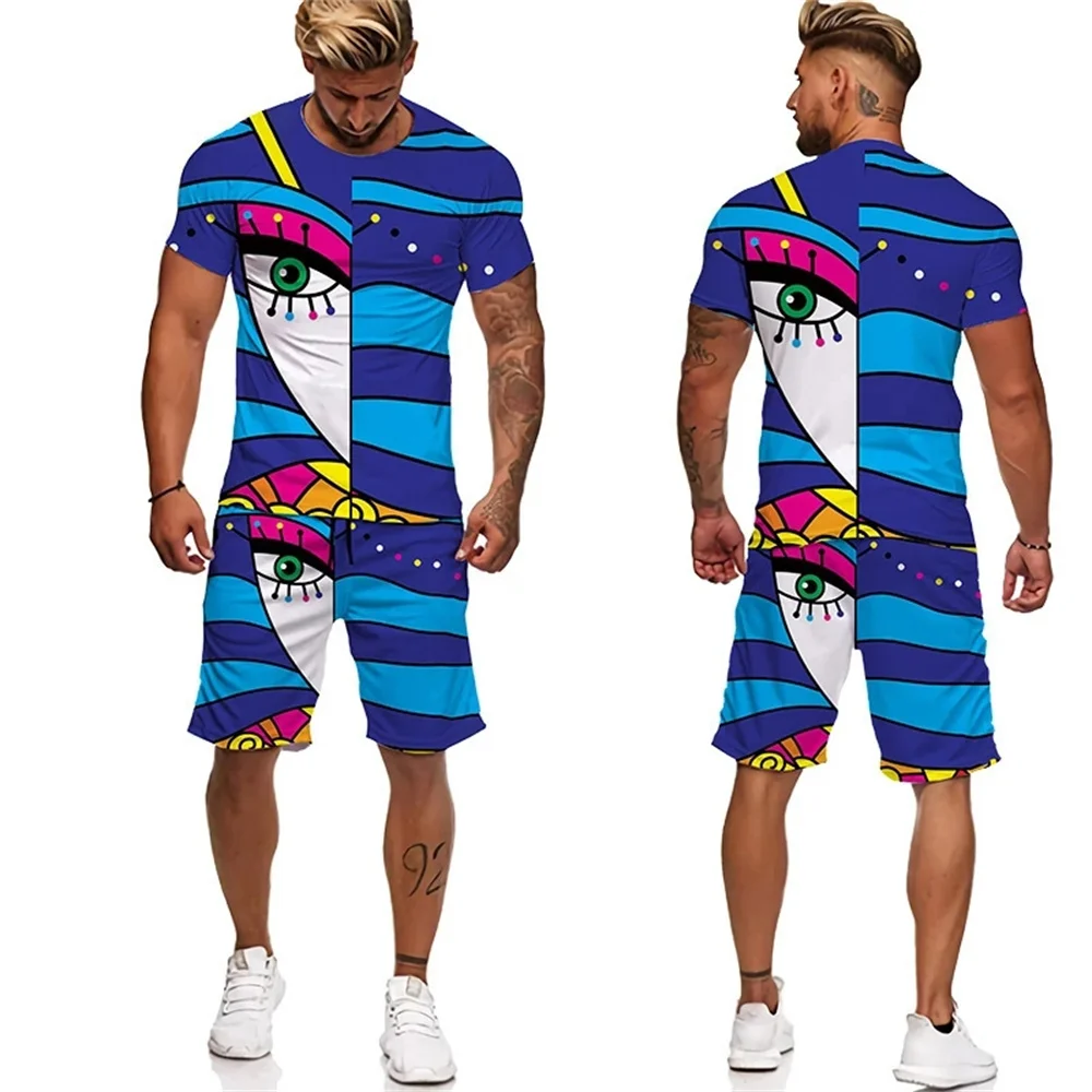 Летняя мужская футболка с 3D-принтом и абстрактным граффити, шорты, костюм для пары, одежда с круглым вырезом и коротким рукавом, уличный комплект 3