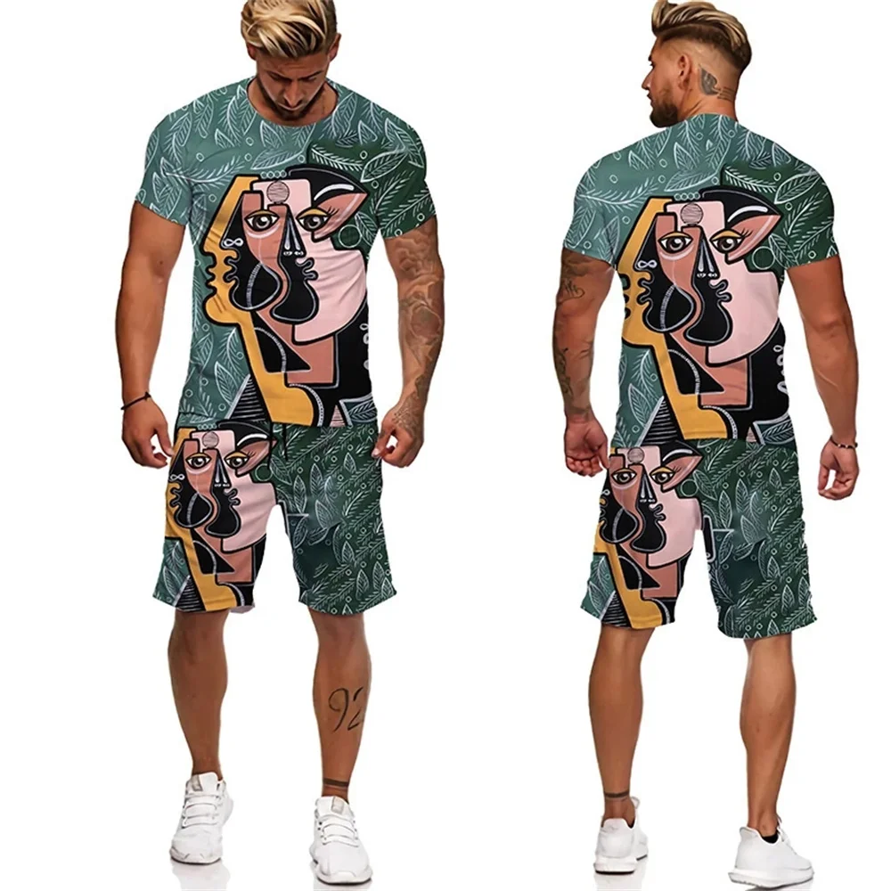 Летняя мужская футболка с 3D-принтом и абстрактным граффити, шорты, костюм для пары, одежда с круглым вырезом и коротким рукавом, уличный комплект 4