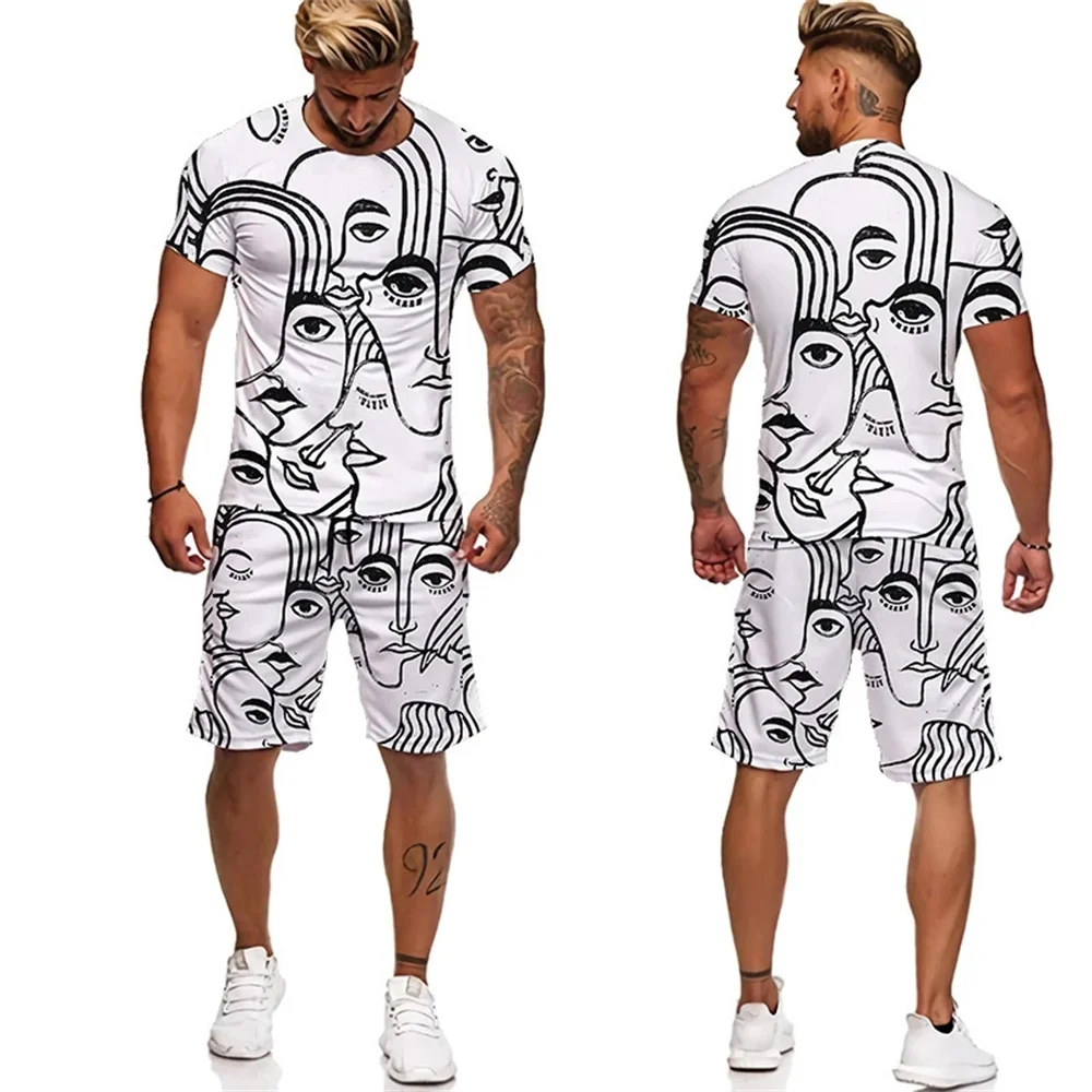 Летняя мужская футболка с 3D-принтом и абстрактным граффити, шорты, костюм для пары, одежда с круглым вырезом и коротким рукавом, уличный комплект 5