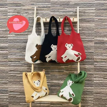 Портативная простая тканая сумка в стиле Мори, корейский стиль, тканевый мишка, Креативная сумка для покупок, Вязаная сумка