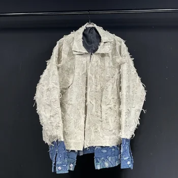 Изношенная Мужская Рубашка с Кисточками, Куртка, Поддельное Джинсовое Пальто в стиле Пэчворк на Хай-стрит из двух Частей, Бесплатная Доставка, Осень 2024, Новый Прилив 21F1306